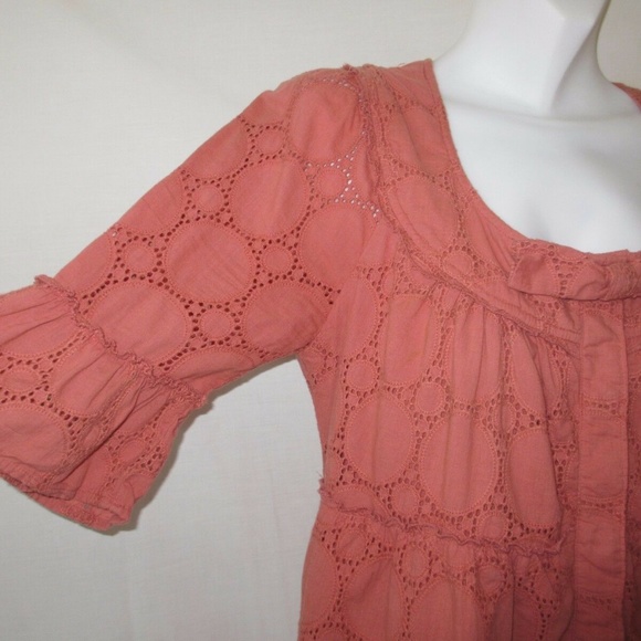 BLOUSE SHIRT TOP SIZE L 12 14 LARGE  3/4 long SLEEVES PINK RED SALMON - Picture 2 of 7